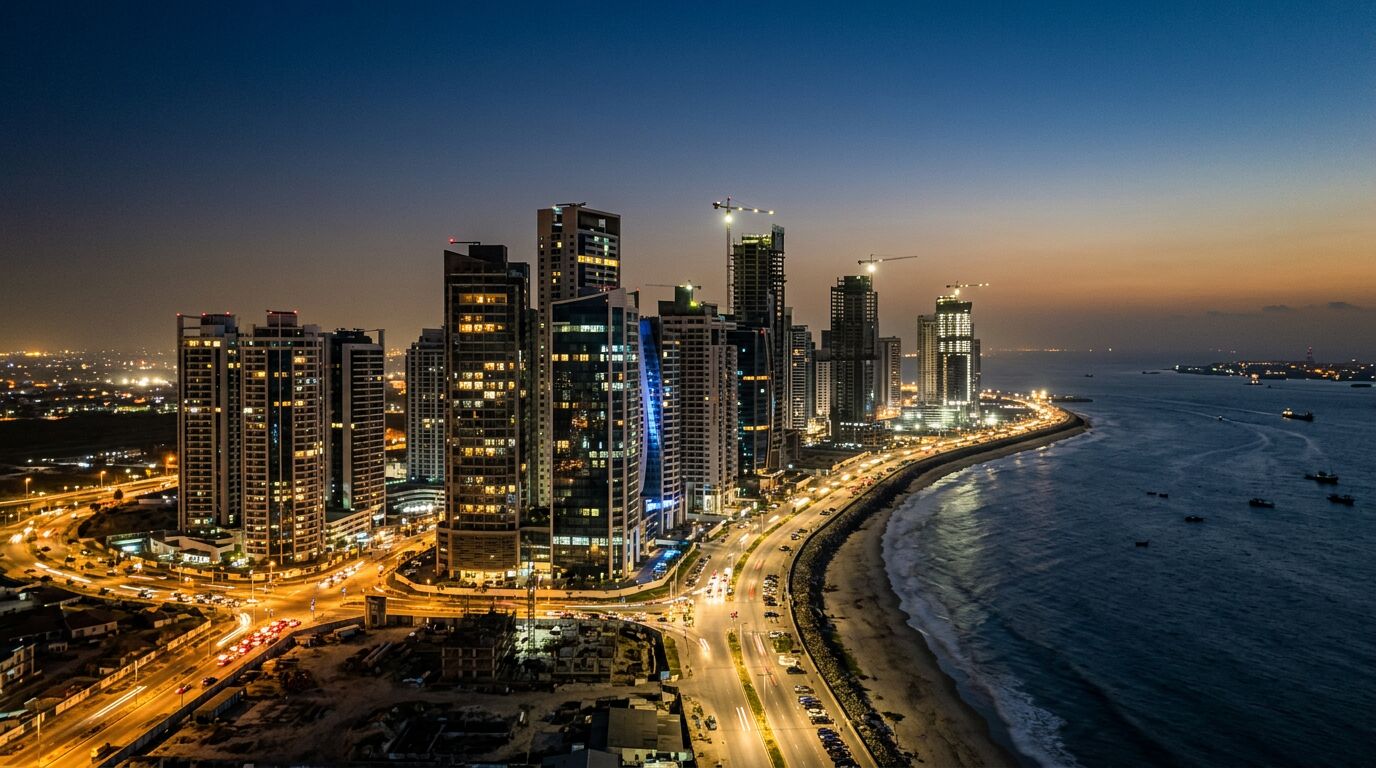 Aerial view of an African coastal city skyline at dusk